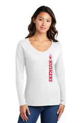Women's Nebraska Huskers Long Sleeve V-Neck Tee Shirt - Vertical Huskers Herbie Husker