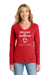 Women's Nebraska Huskers Long Sleeve V-Neck Tee Shirt - Nebraska Volleyball Digging the Diamond