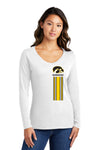 Women's Iowa Hawkeyes Long Sleeve V-Neck Tee Shirt - Vert Stripe with Tigerhawk