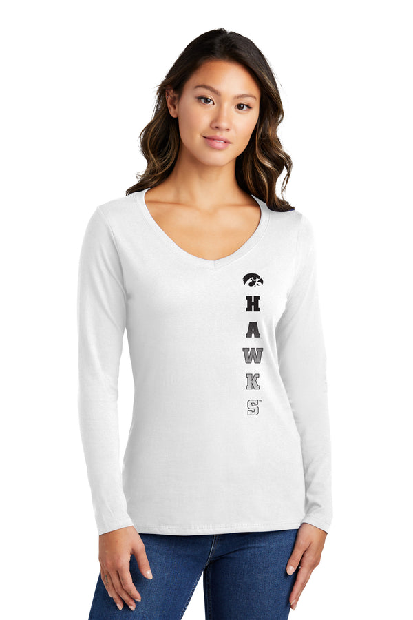 Women's Iowa Hawkeyes Long Sleeve V-Neck Tee Shirt - Vert Hawks Fade with Tigerhawk