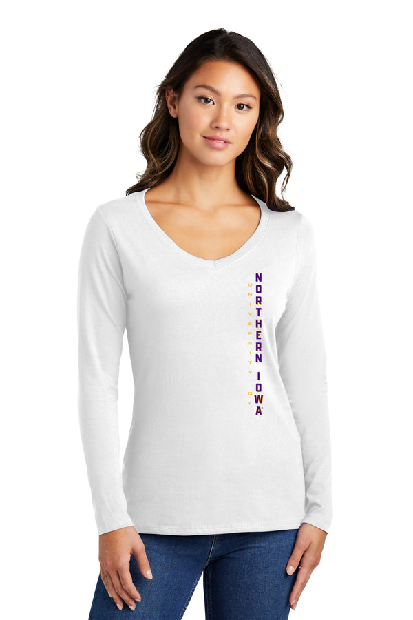 Women's Northern Iowa Panthers Long Sleeve V-Neck Tee Shirt - Vertical University of Northern Iowa
