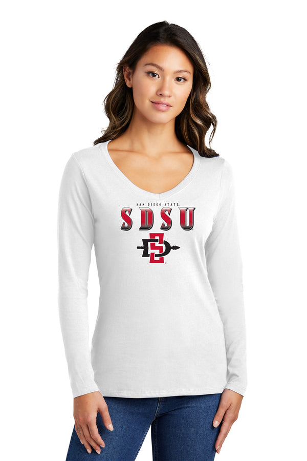 Women's San Diego State Aztecs Long Sleeve V-Neck Tee Shirt - SDSU Full Color Fade Aztecs Logo