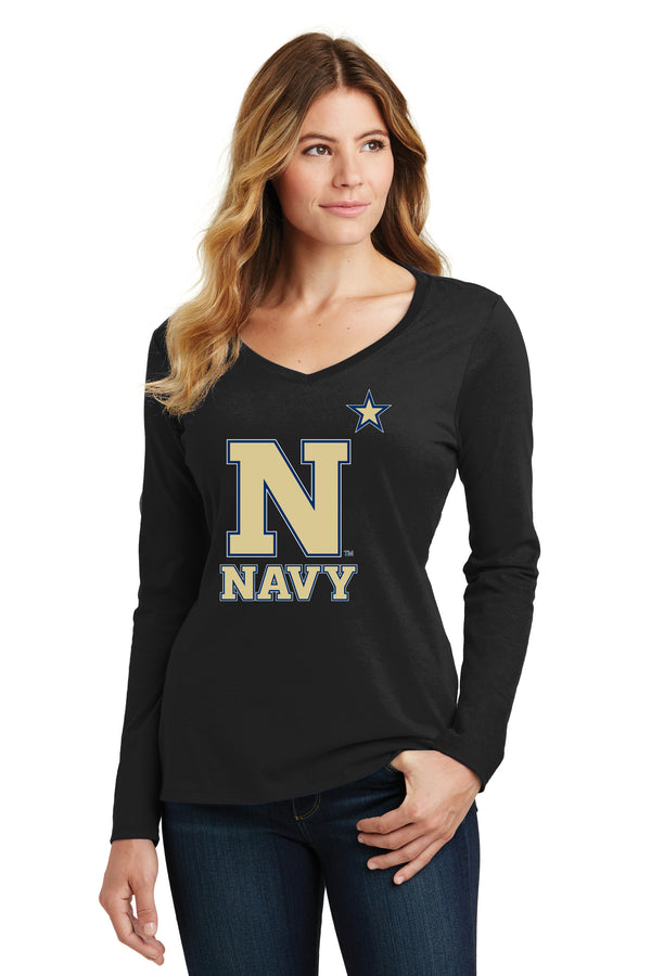 Women's Navy Midshipmen Long Sleeve V-Neck Tee Shirt - US Naval Academy Star Logo