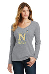 Women's Navy Midshipmen Long Sleeve V-Neck Tee Shirt - US Naval Academy Star Logo