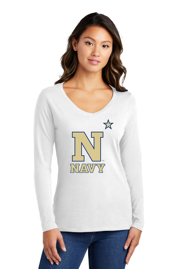 Women's Navy Midshipmen Long Sleeve V-Neck Tee Shirt - US Naval Academy Star Logo