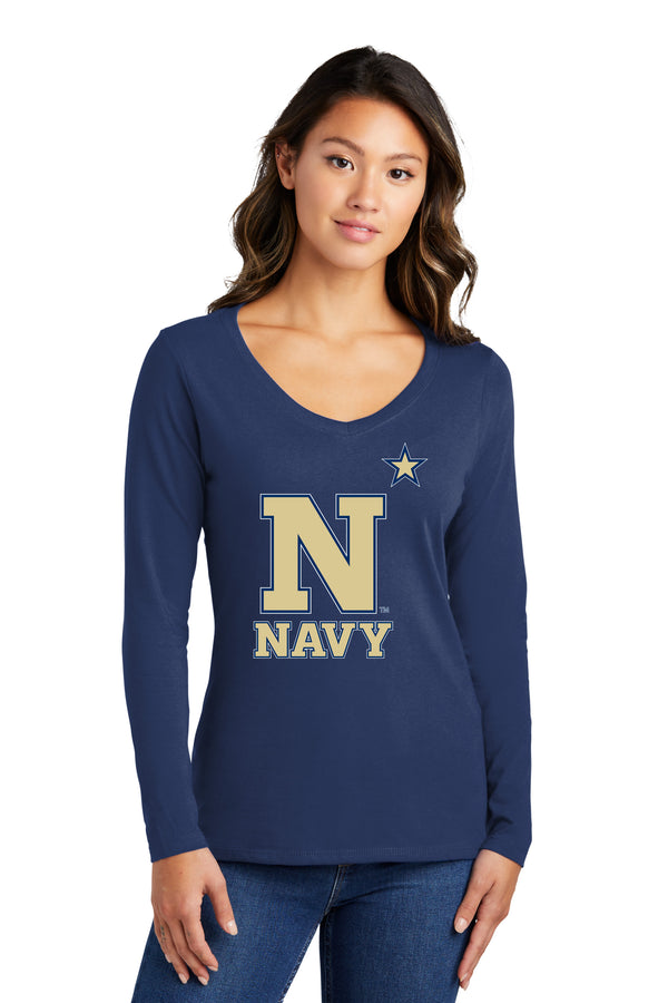 Women's Navy Midshipmen Long Sleeve V-Neck Tee Shirt - US Naval Academy Star Logo