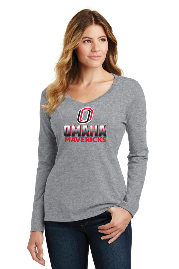 Women's Omaha Mavericks Long Sleeve V-Neck Tee Shirt - Full Color Fade Omaha