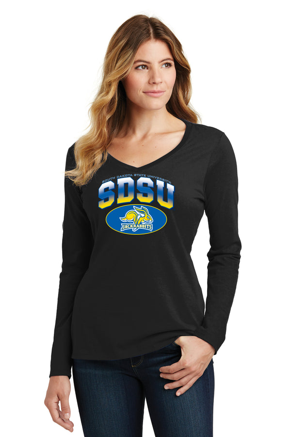 Women's South Dakota State Jackrabbits Long Sleeve V-Neck Tee Shirt - SDSU Full Color Fade Plus Primary Logo