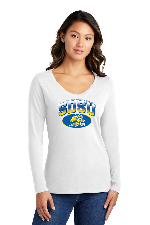 Women's South Dakota State Jackrabbits Long Sleeve V-Neck Tee Shirt - SDSU Full Color Fade Plus Primary Logo