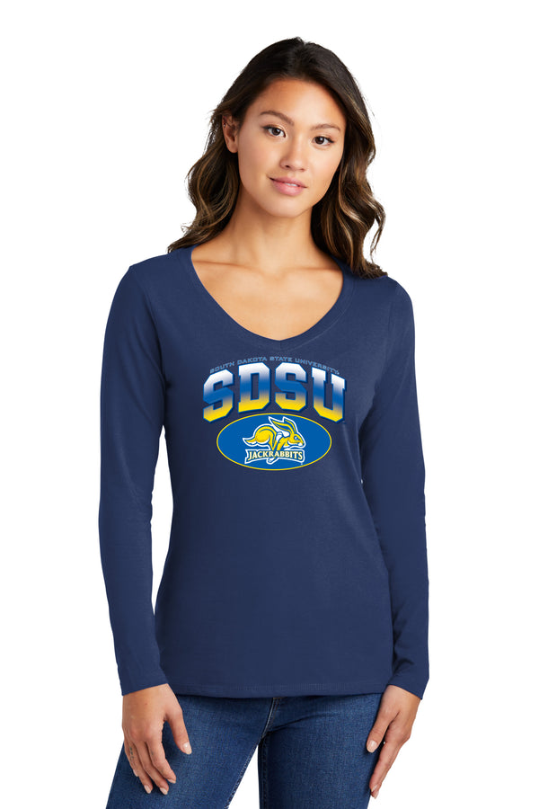 Women's South Dakota State Jackrabbits Long Sleeve V-Neck Tee Shirt - SDSU Full Color Fade Plus Primary Logo