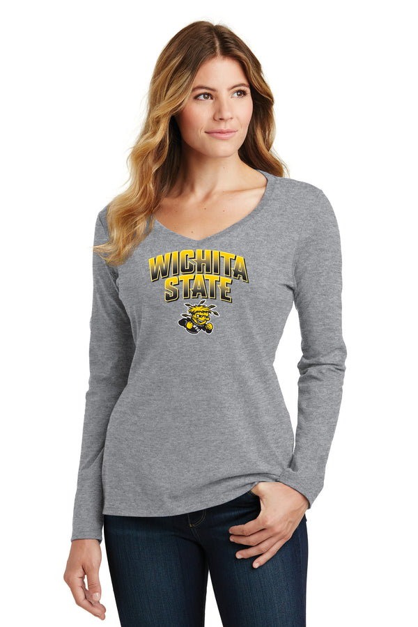 Women's Wichita State Shockers Long Sleeve V-Neck Tee Shirt - Wichita State Full Color Fade