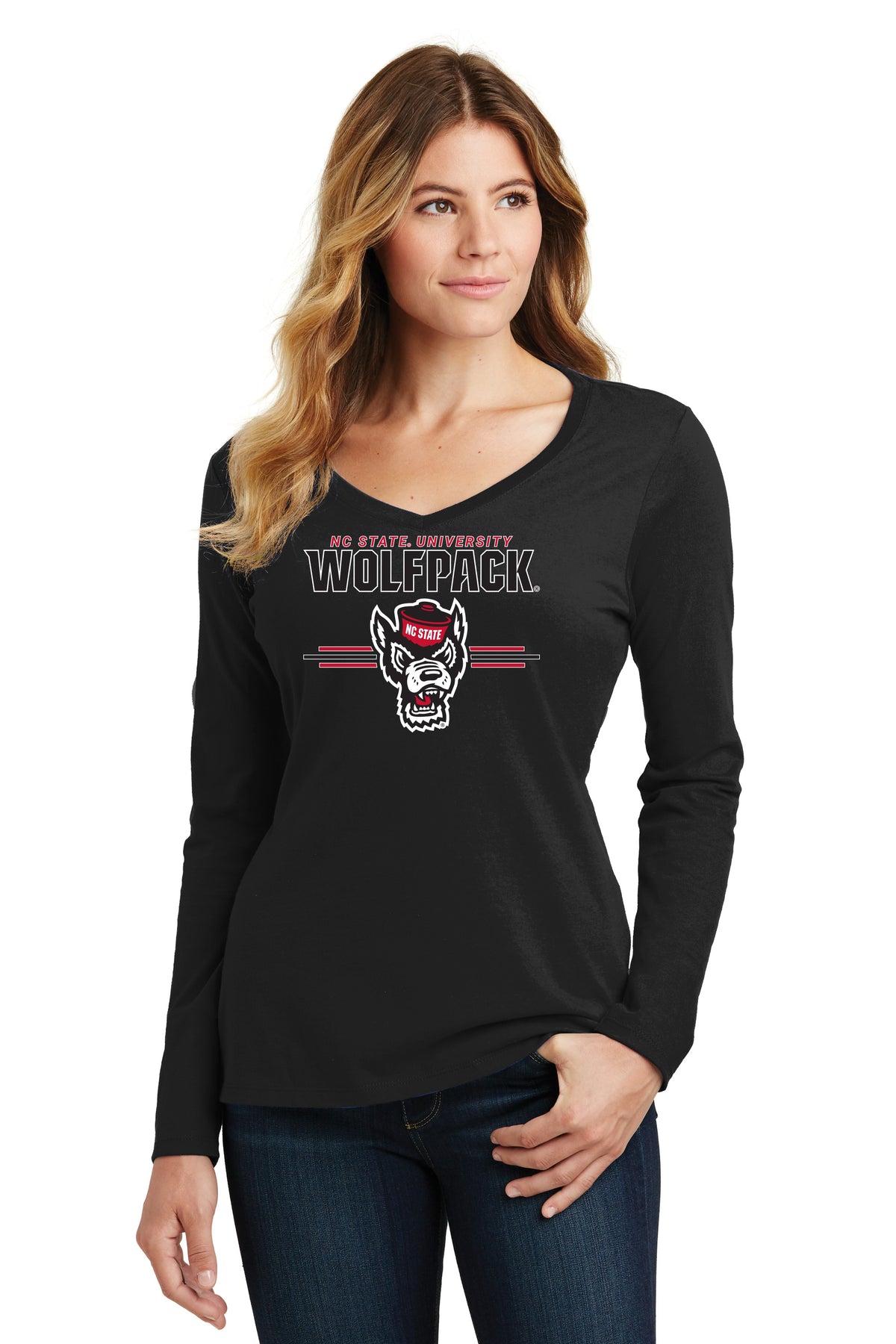 Women's North Carolina State Wolfpack Long Sleeve V-Neck Tee Shirt - 3-Stripe Primary Logo