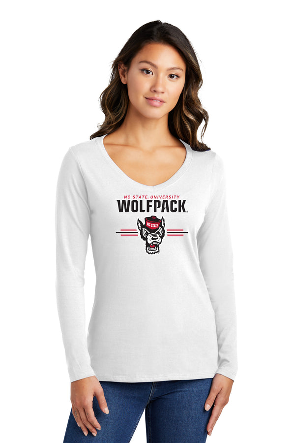 Women's North Carolina State Wolfpack Long Sleeve V-Neck Tee Shirt - 3-Stripe Primary Logo