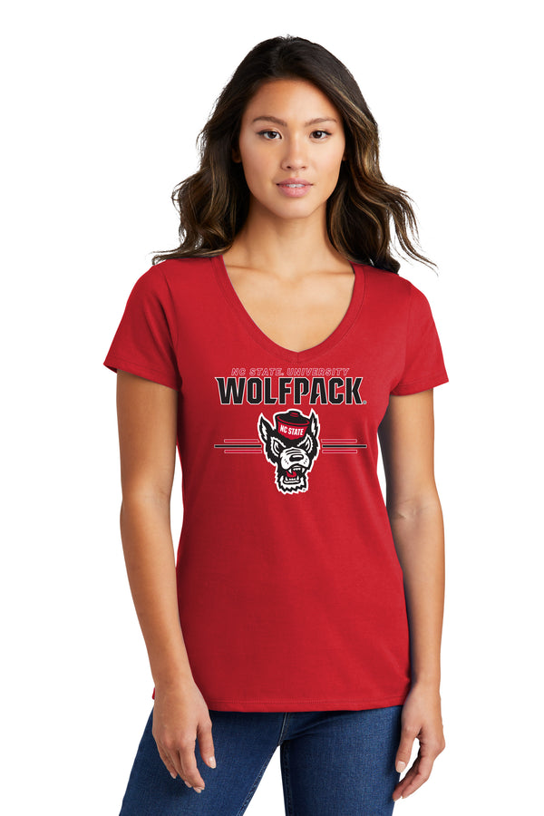 Women's North Carolina State Wolfpack Long Sleeve V-Neck Tee Shirt - 3-Stripe Primary Logo
