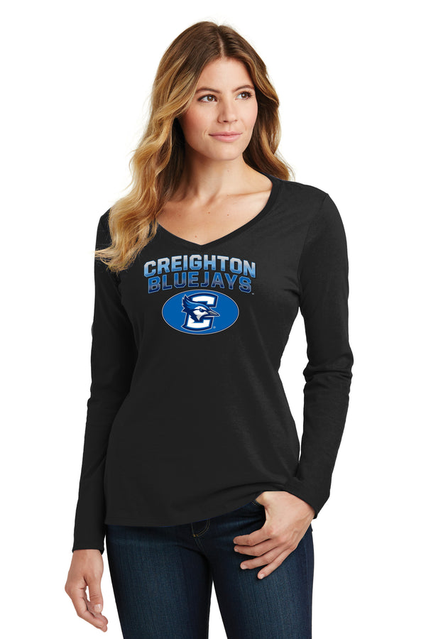 Women's Creighton Bluejays Long Sleeve V-Neck Tee Shirt - Full Color Fade Primary Logo Oval