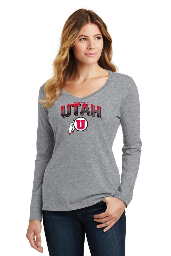 Women's Utah Utes Long Sleeve V-Neck Tee Shirt - Full Color Fade Utah Utes Logo