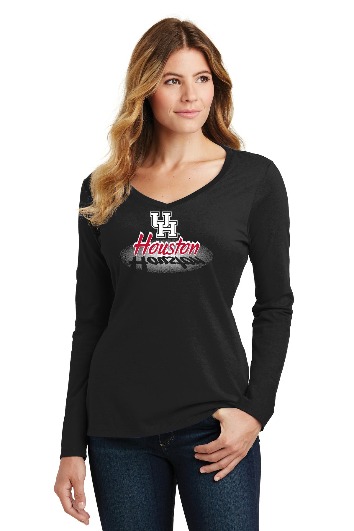 Women's Houston Cougars Long Sleeve V-Neck Tee Shirt - Spotlight and Shadow Houston