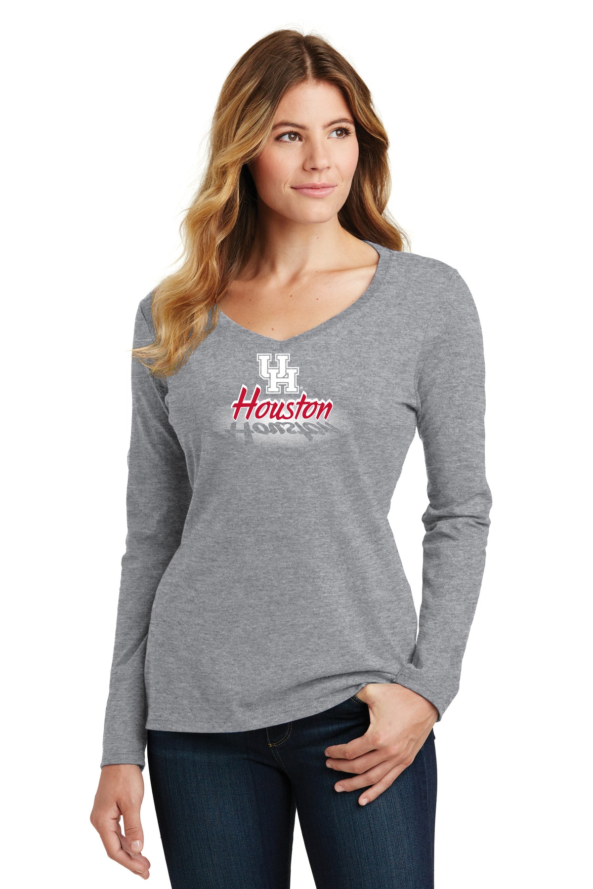 Women's Houston Cougars Long Sleeve V-Neck Tee Shirt - Spotlight and Shadow Houston