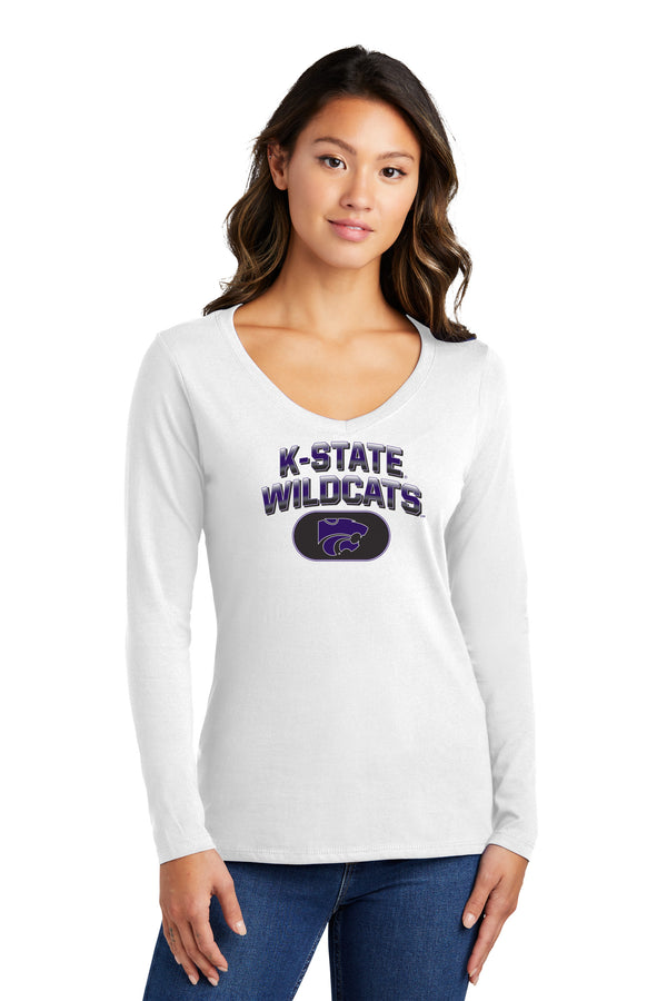 Women's K-State Wildcats Long Sleeve V-Neck Tee Shirt - Full Color K-State Wildcats Fade