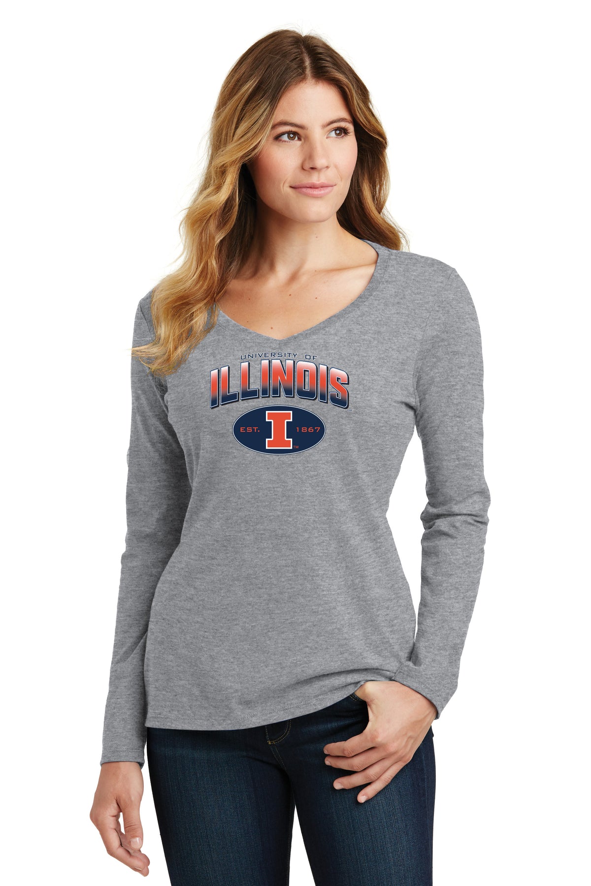 Women's Illinois Fighting Illini Long Sleeve V-Neck Tee Shirt - Full Color Fade Illinois Arch