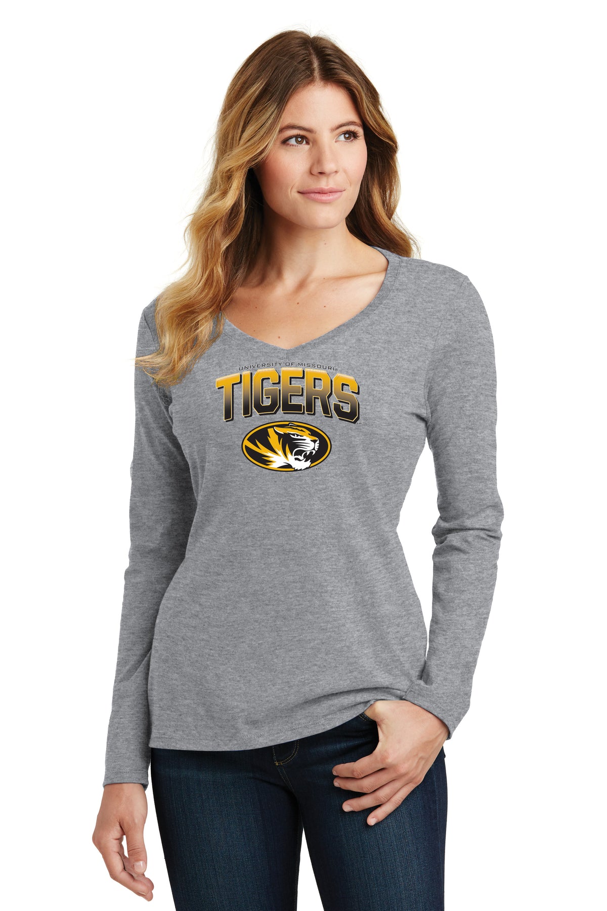 Women's Missouri Tigers Long Sleeve V-Neck Tee Shirt - Full Color Fade Tigers Logo