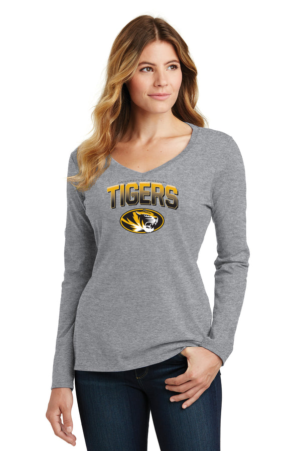 Women's Missouri Tigers Long Sleeve V-Neck Tee Shirt - Full Color Fade Tigers Logo