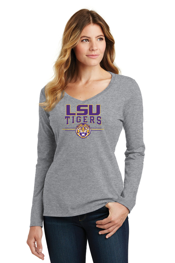 Women's LSU Tigers Long Sleeve V-Neck Tee Shirt - LSU Tigers 3-Stripe