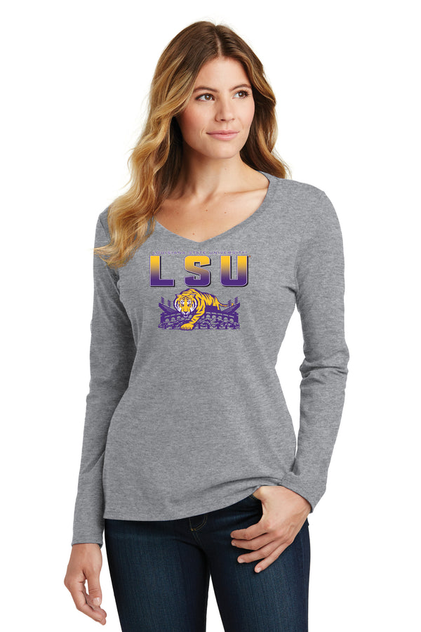 Women's LSU Tigers Long Sleeve V-Neck Tee Shirt - LSU Tiger Stadium Full Color Fade