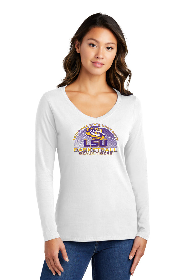 Women's LSU Tigers Long Sleeve V-Neck Tee Shirt - LSU Basketball Geaux Tigers