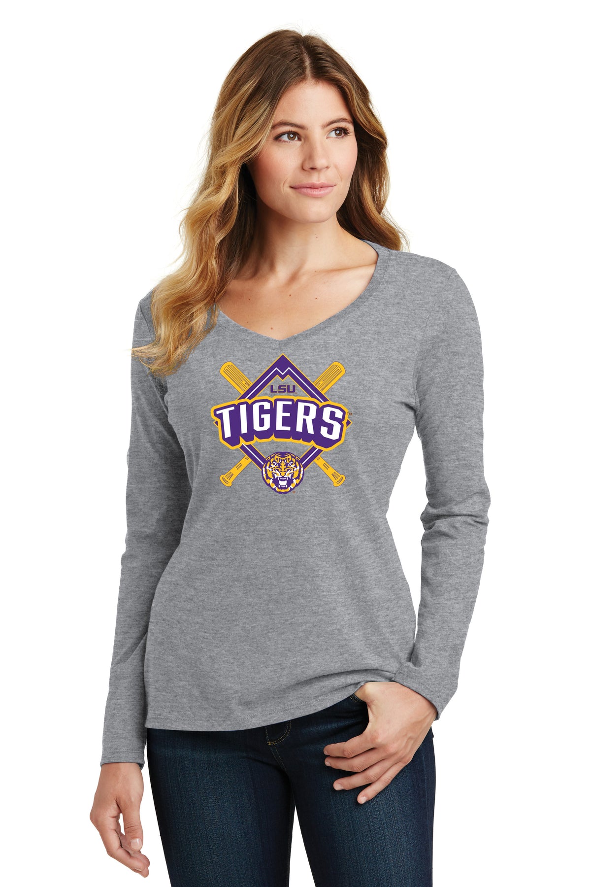 Women's LSU Tigers Long Sleeve V-Neck Tee Shirt - LSU Baseball Diamond