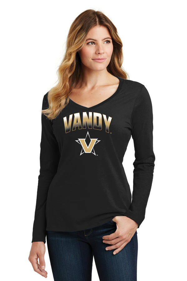 Women's Vanderbilt Commodores Long Sleeve V-Neck Shirt - Vandy Arch Full Color Fade with Primary