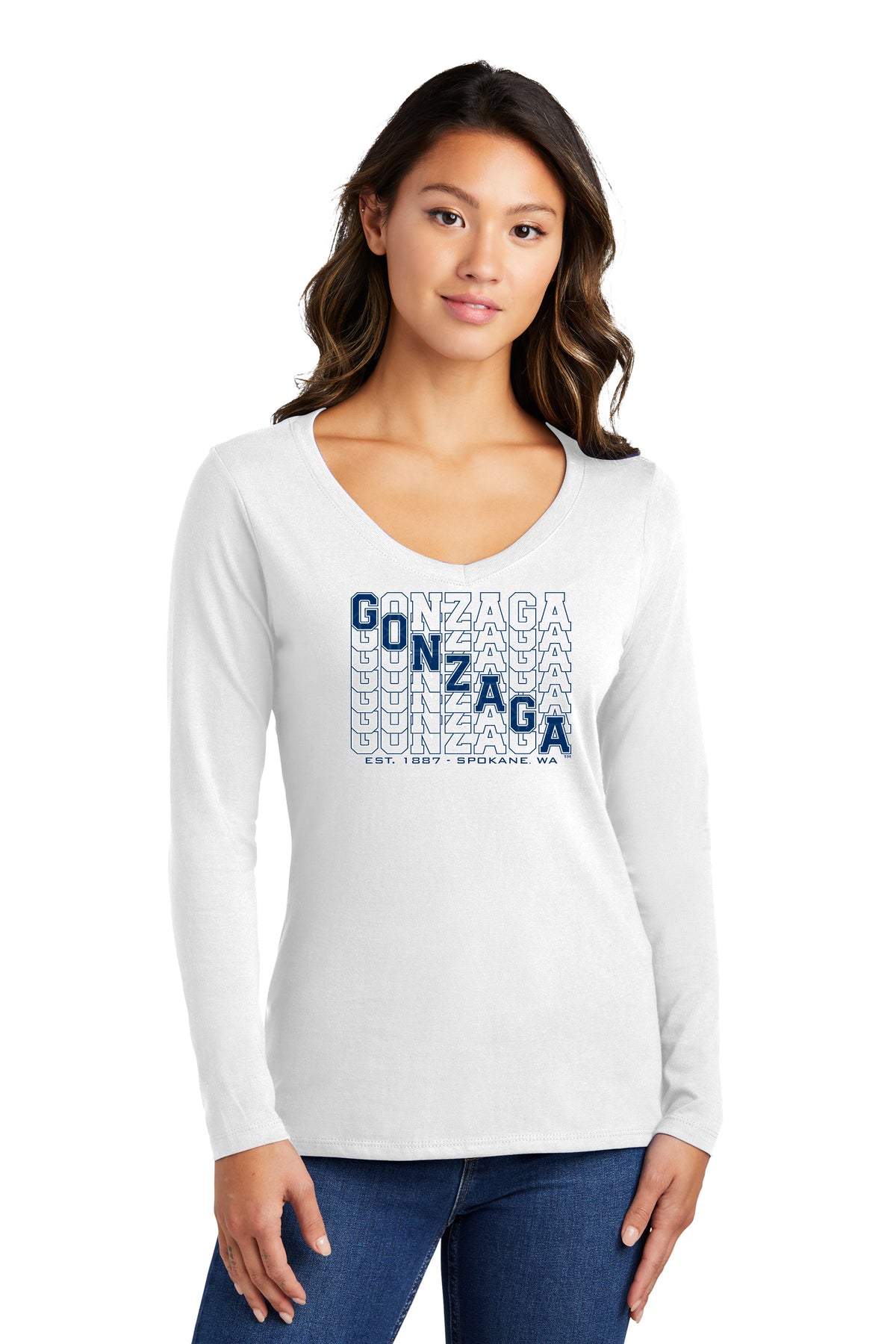 Women's Gonzaga Bulldogs Long Sleeve V-Neck Tee Shirt - Diagonal Echo Gonzaga