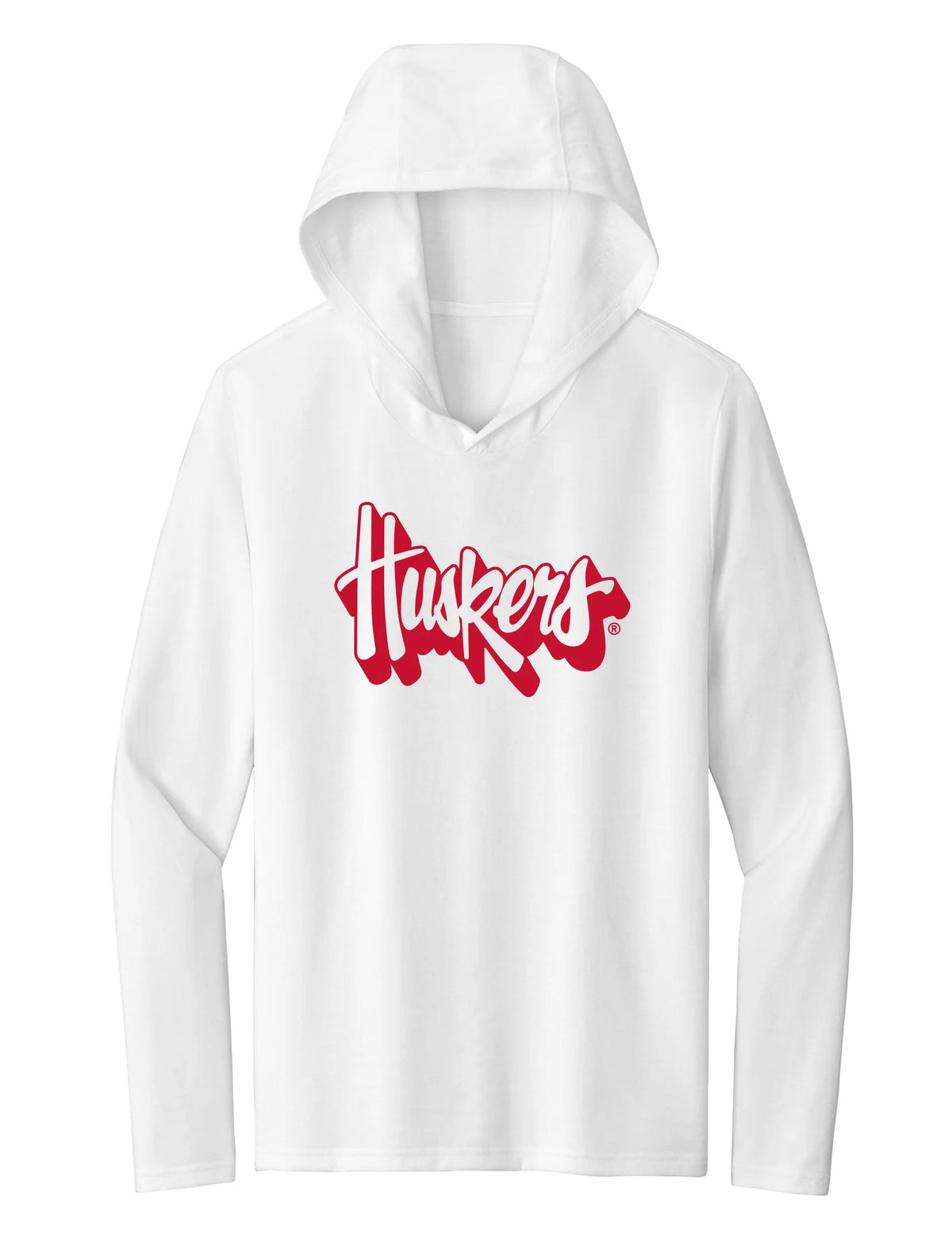 Women's Nebraska Huskers Long Sleeve Hooded Tee Shirt - Red Script Huskers Outline