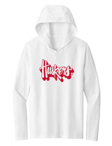 Women's Nebraska Huskers Long Sleeve Hooded Tee Shirt - Red Script Huskers Outline