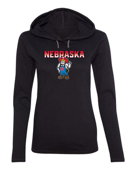Women's Nebraska Huskers Long Sleeve Hooded Tee Shirt - Full Color Nebraska Fade with Herbie Husker