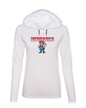 Women's Nebraska Huskers Long Sleeve Hooded Tee Shirt - Full Color Nebraska Fade with Herbie Husker