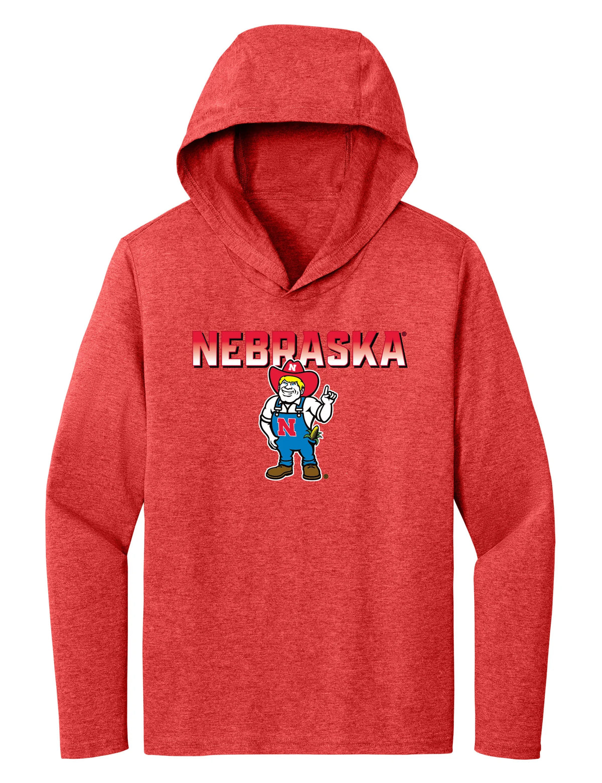Women's Nebraska Huskers Long Sleeve Hooded Tee Shirt - Full Color Nebraska Fade with Herbie Husker