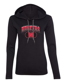 Women's Nebraska Huskers Long Sleeve Hooded Tee Shirt - Full Color Huskers Fade with Block N