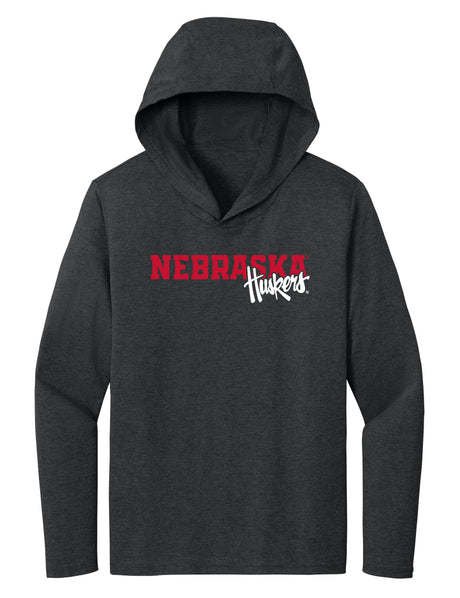 Women's Nebraska Huskers Long Sleeve Hooded Tee Shirt - Script Huskers Overlap Nebraska