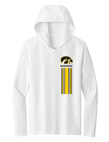 Women's Iowa Hawkeyes Long Sleeve Hooded Tee Shirt - Vert Stripe with Tigerhawk