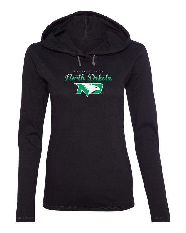 Women's North Dakota Fighting Hawks Long Sleeve Hooded Tee Shirt - Full Color Script Fade Primary Logo