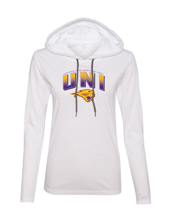 Women's Northern Iowa Panthers Long Sleeve Hooded Tee Shirt - UNI Full Color Fade Primary Logo