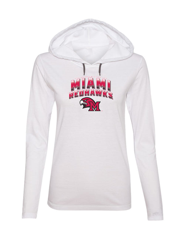 Women's Miami University RedHawks Long Sleeve Hooded Tee Shirt - Miami RedHawks Full Color Fade Hawk M Logo