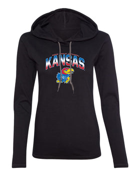 Women's Kansas Jayhawks Long Sleeve Hooded Tee Shirt - Full Color Fade Kansas Logo