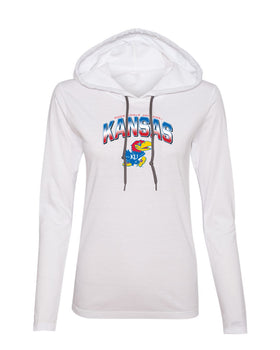 Women's Kansas Jayhawks Long Sleeve Hooded Tee Shirt - Full Color Fade Kansas Logo