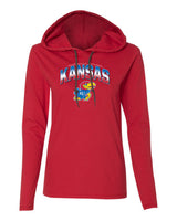 Women's Kansas Jayhawks Long Sleeve Hooded Tee Shirt - Full Color Fade Kansas Logo