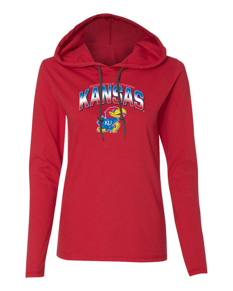 Women's Kansas Jayhawks Long Sleeve Hooded Tee Shirt - Full Color Fade Kansas Logo