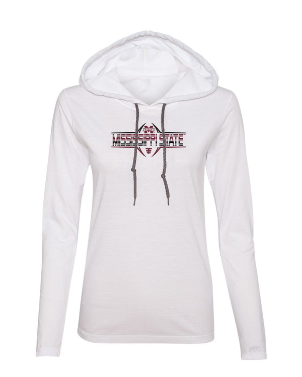 Women's Mississippi State Bulldogs Long Sleeve Hooded Tee Shirt - Striped MSU Bulldogs Football Laces