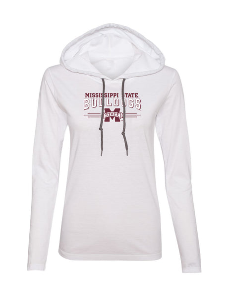 Women's Mississippi State Bulldogs Long Sleeve Hooded Tee Shirt - MSU Bulldogs 3-Stripe