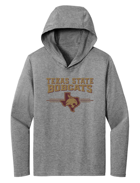 Women's Texas State Bobcats Long Sleeve Hooded Tee Shirt - 3 Stripe State Outline Logo